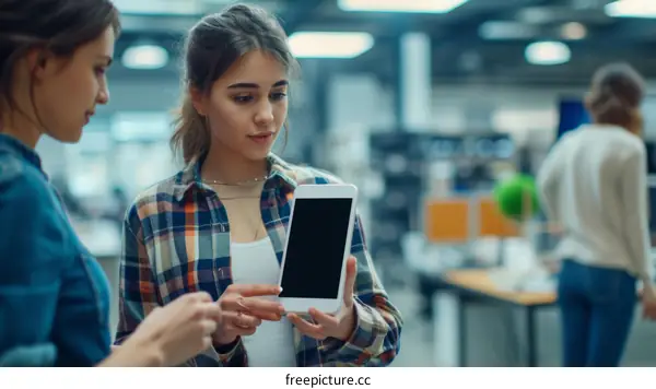 Two young women looking at a tablet screen