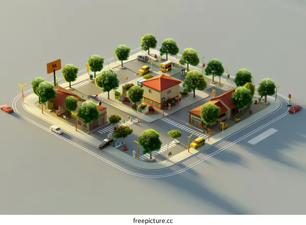Top View Illustration of Miniature City with Buildings, Trees, and Cars