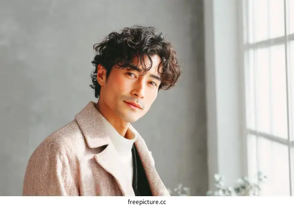 Asian Man in a Beige Coat by the Window