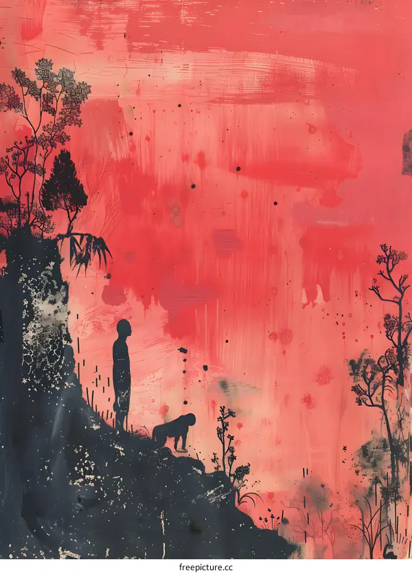 black red abstract painting of a person and a dog on a cliff