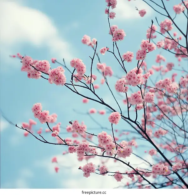 Cherry Blossoms Branch Against Blue Sky