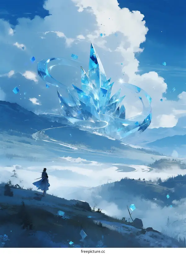 A Majestic Blue Crystal Formation Floating in a Cloudy Sky