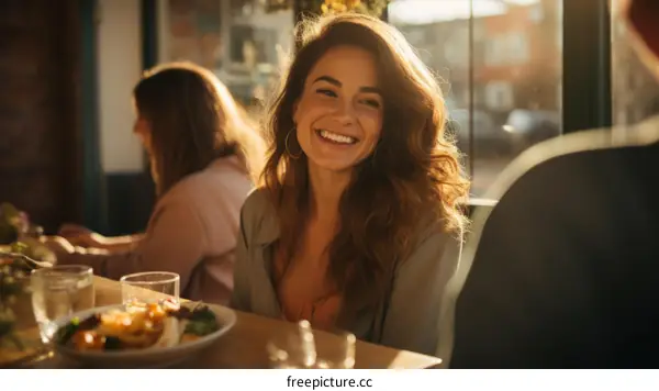 A smiling woman sitting at a table in a restaurant with friends