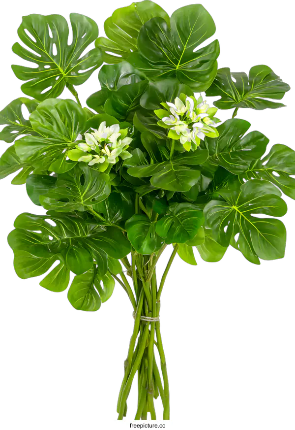 [Transparent Background PNG]Green Tropical Leaves and Flowers Bouquet Isolated on White Background