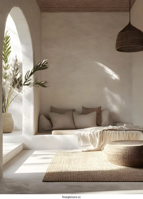 Minimalist  Bohemian  Interior Design With  Woven  Rugs And  Pillows