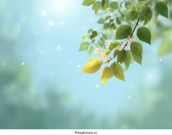 Springtime Branches with Delicate Flowers and Leaves