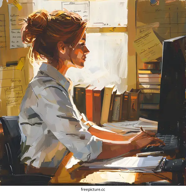 A woman is working on computer in her home office.