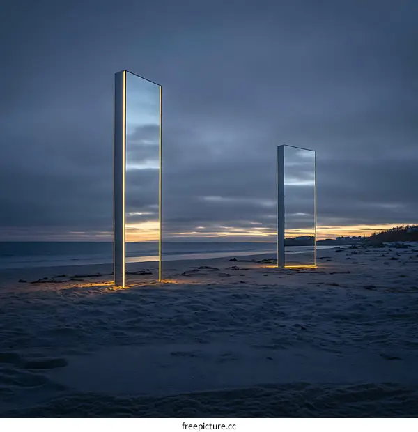 Two Tall Mirrors Reflecting the Sunset on a Beach