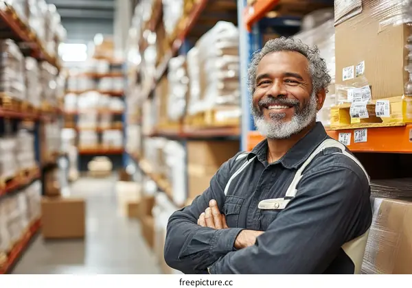 Smiling Warehouse Worker in a Busy Storage Facility