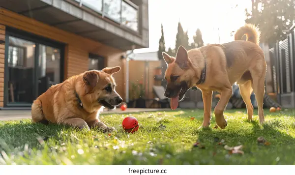 Two dogs playing with a red ball in the backyard