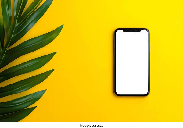 Blank Smartphone Screen With Green Leaf On Yellow Background