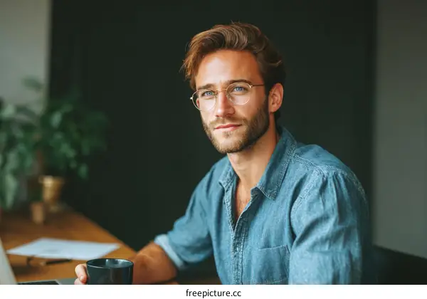 Young Man in a Casual Denim Shirt