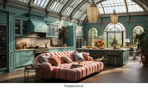 Pink sofa in a beautiful kitchen with large windows