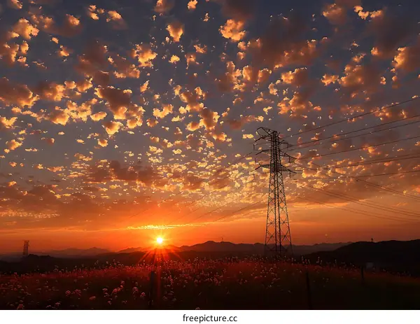 Sunset over a field of flowers with a transmission tower in the foreground