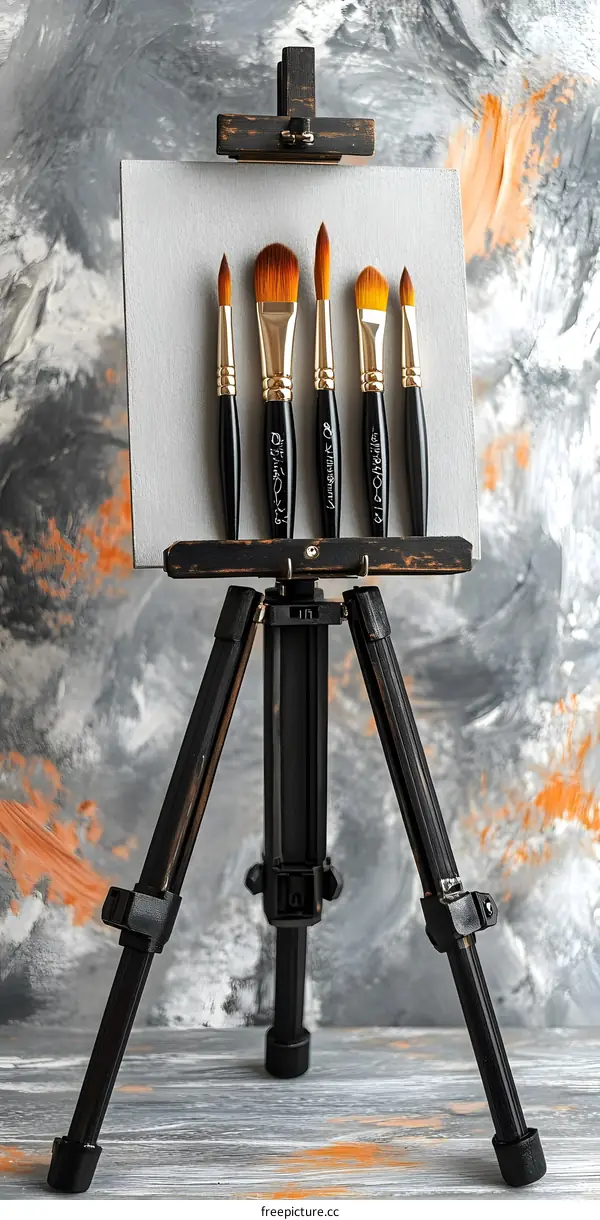 Set of Five Paint Brushes on Wooden Easel