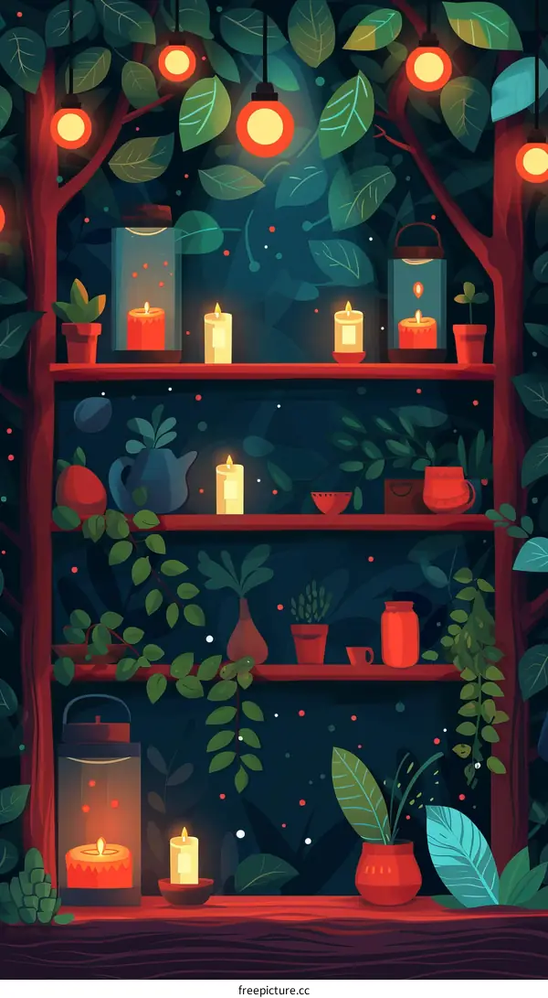 A digital painting of a bookshelf filled with plants and candles.