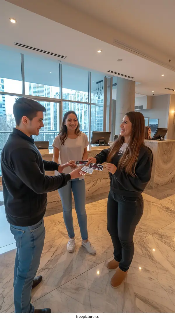 Three people are checking in at a hotel.
