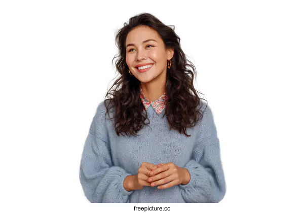 [Transparent Background PNG]Smiling Woman in Light Blue Knitted Sweater