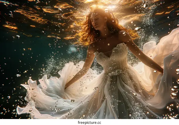 A Dancing Woman in a White Gown Underwater