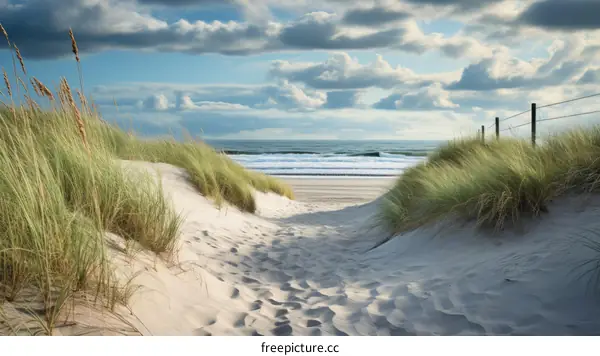 Serene Dune Landscape with Wooden Fence and Grass near the Beach