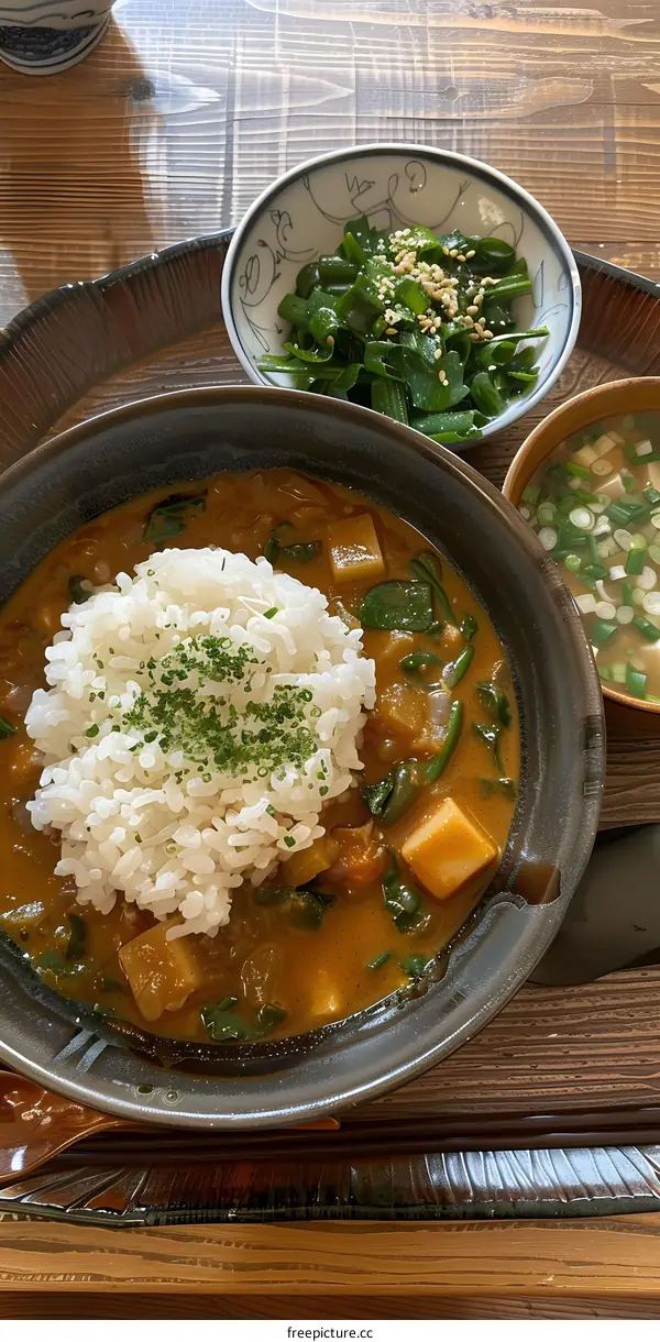 A delicious Japanese curry with rice and side dishes