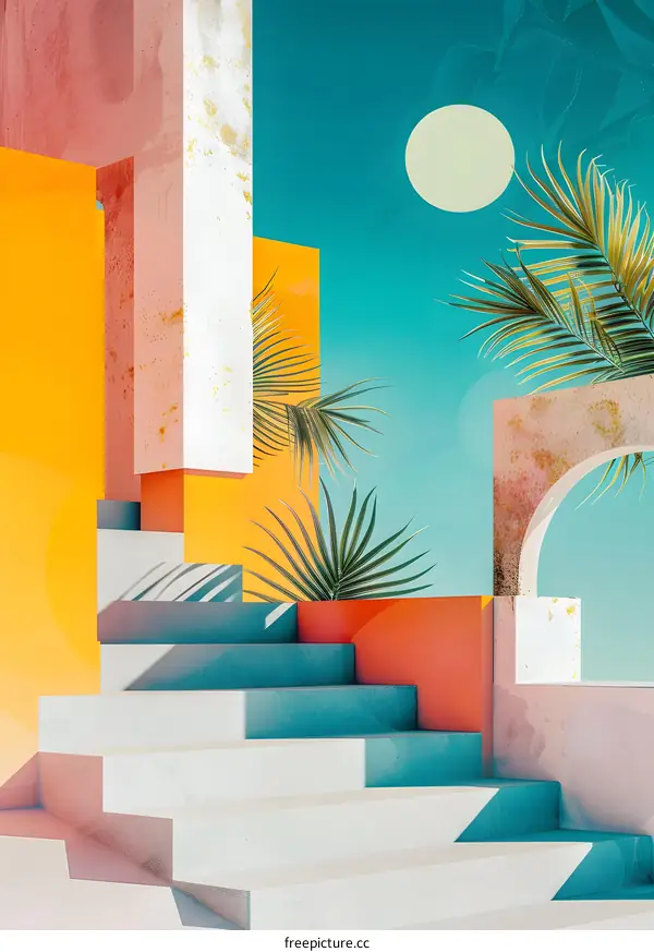 Abstract Tropical Illustration With Steps and Palm Trees