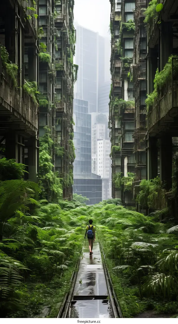 A lone woman walking through a overgrown city
