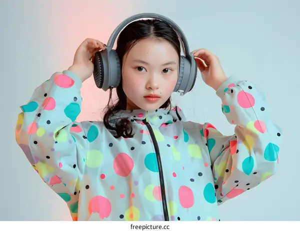 Young Asian Girl Wearing Headphones and a Polka Dot Jacket
