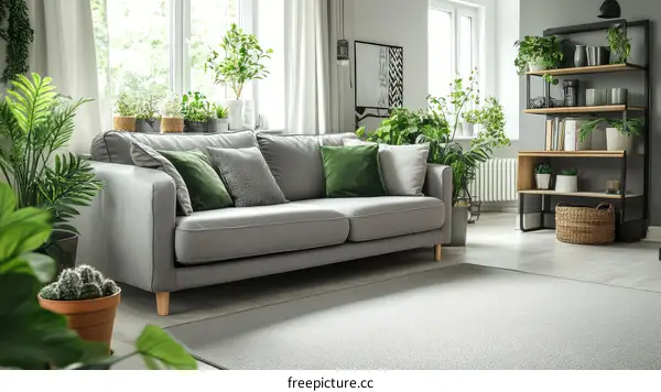 Modern Living Room with Greenery and Cozy Sofa
