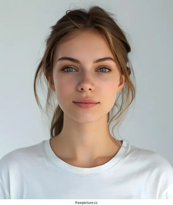 Portrait of a Young Woman with Blonde Hair and Blue Eyes