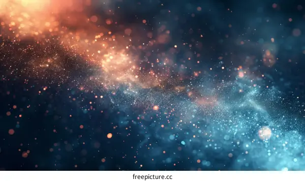 Blue and orange glowing particles flowing in space