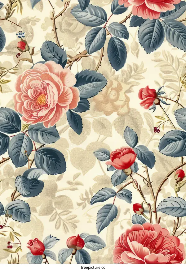 Vintage Floral Pattern with Pink Roses and Blue Leaves