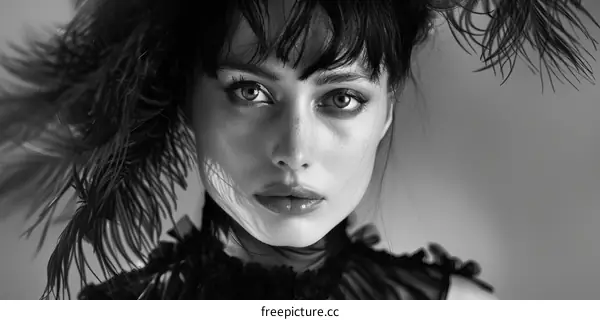 Portrait of a young woman with dark hair and black eyes wearing a black feathered hat