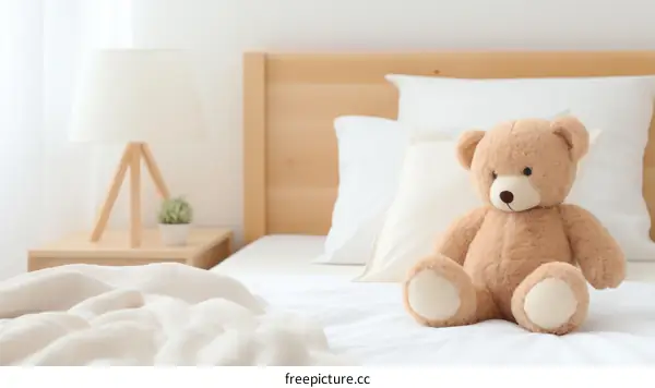 A cute teddy bear sitting on a bed with a white blanket