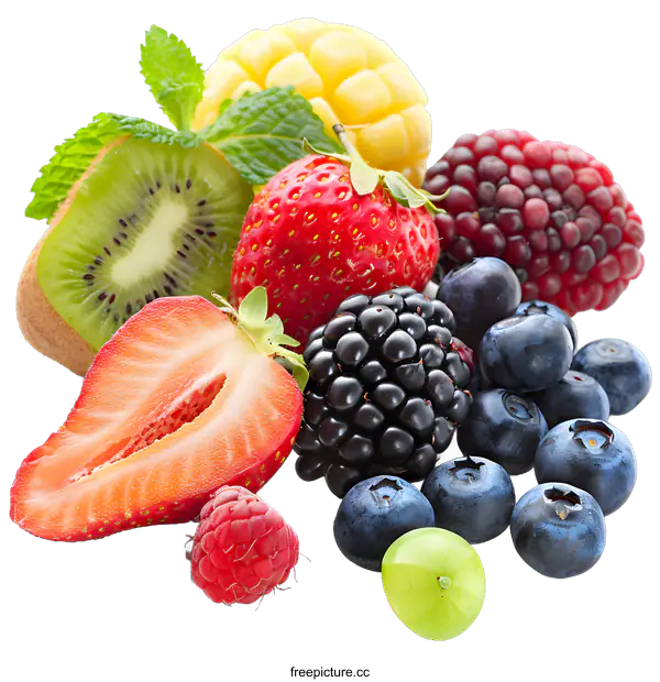 [Transparent Background PNG]Fresh and Ripe Mix of Berries and Kiwi Fruits