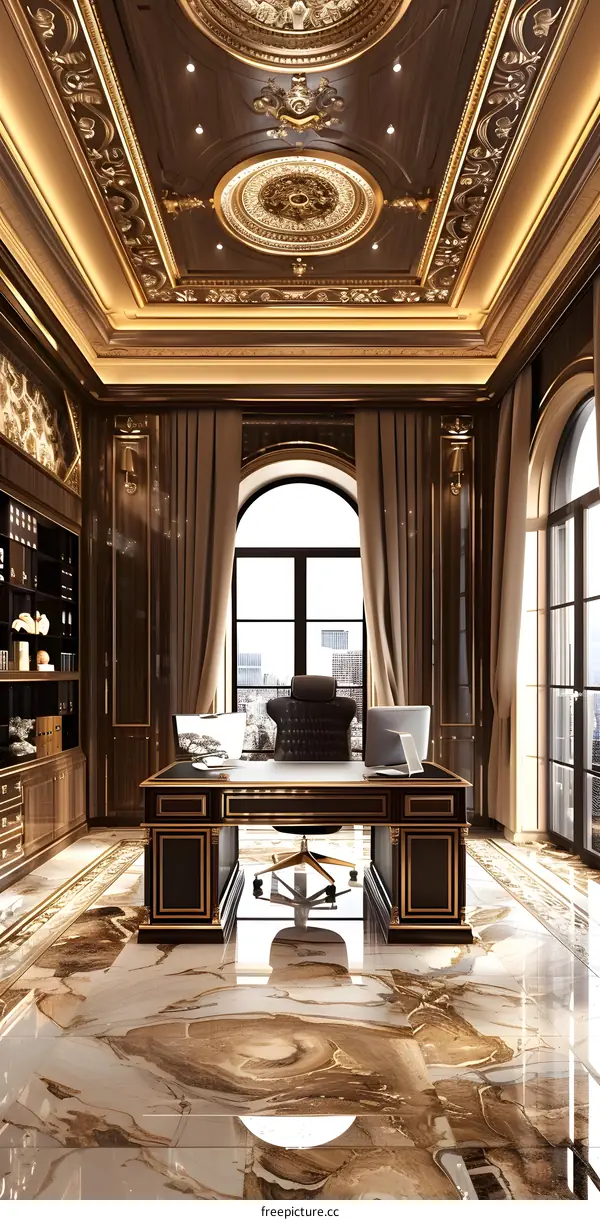 Luxury office interior with marble floor and golden elements