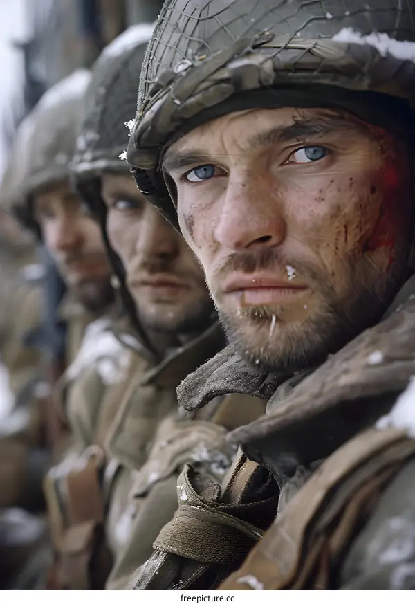 A soldier looks into the camera with two other soldiers in the background