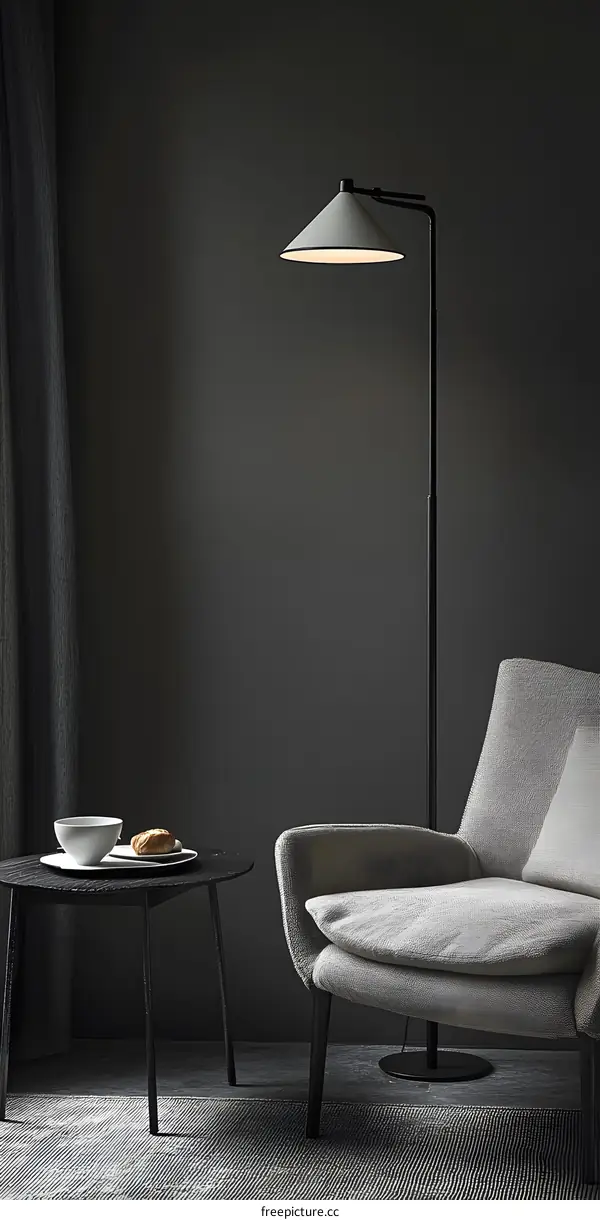Modern Black Floor Lamp With Cone Shade In Living Room Interior