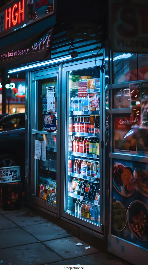Night View of a Convenience Store with Illuminated Refrigerated Drinks