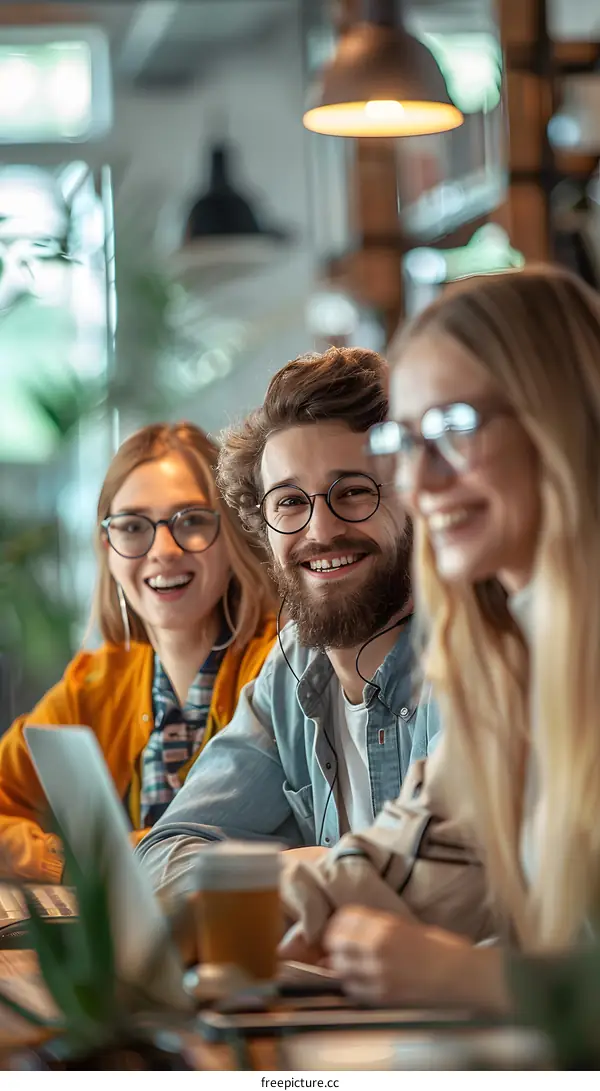 Three happy young people sitting in a cafe and looking at the camera