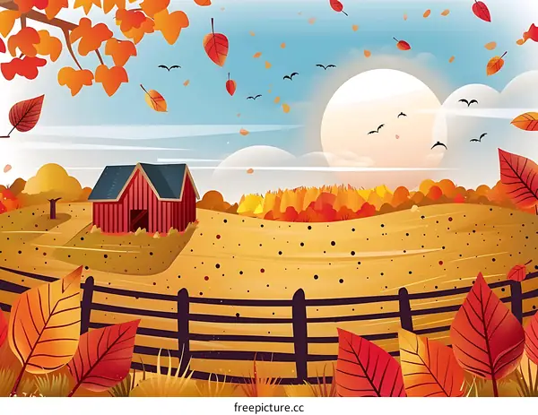 Autumn Landscape with Red Barn and Falling Leaves
