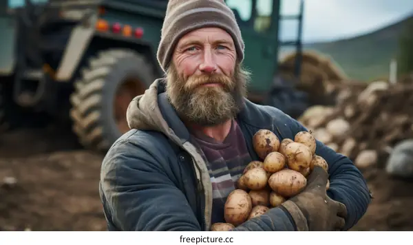 A farmer proudly holds up a bountiful harvest of potatoes.