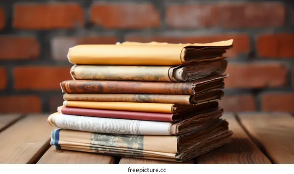 Stack of vintage books and newspapers on a wooden table with a brick wall in the background