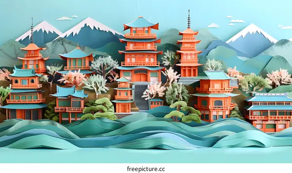 Paper Craft Art of Japanese Temple Landscape with Mountains