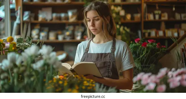 Young woman reading a book in a flower shop