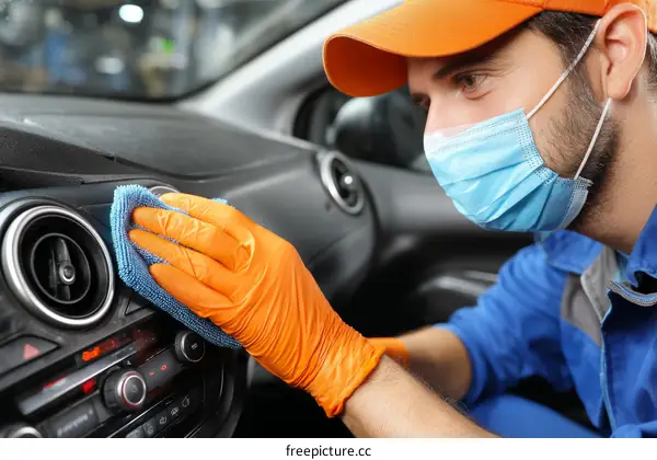 Car Interior Cleaning by a Caucasian Worker