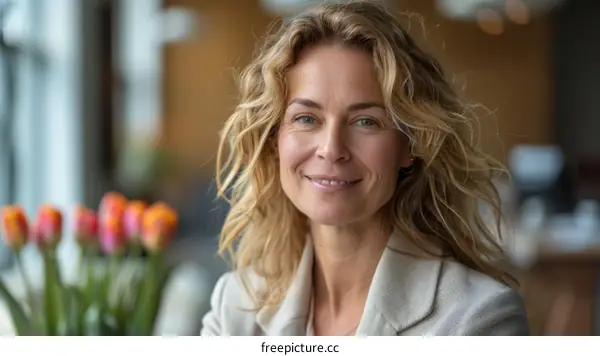 Portrait of a smiling blonde woman in a white blazer