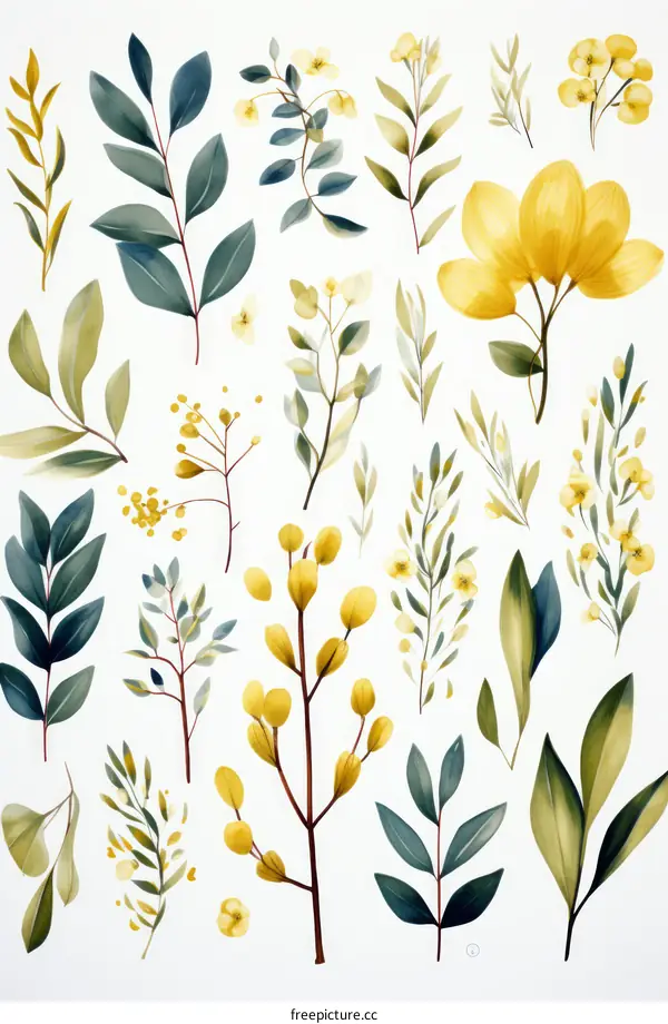 A Collection of Hand-Painted Watercolor Flowers and Leaves