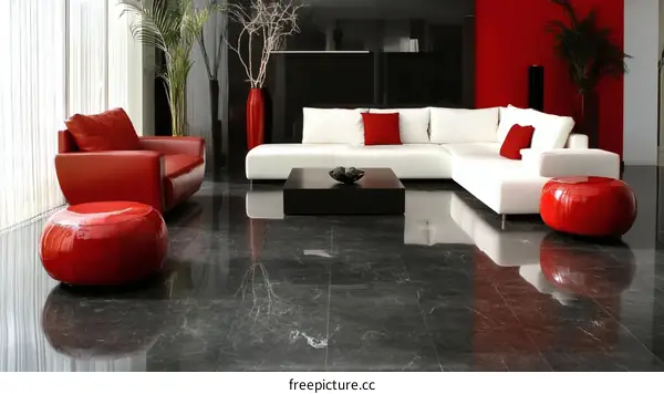 Modern Living Room Interior Design with Red and White Furniture