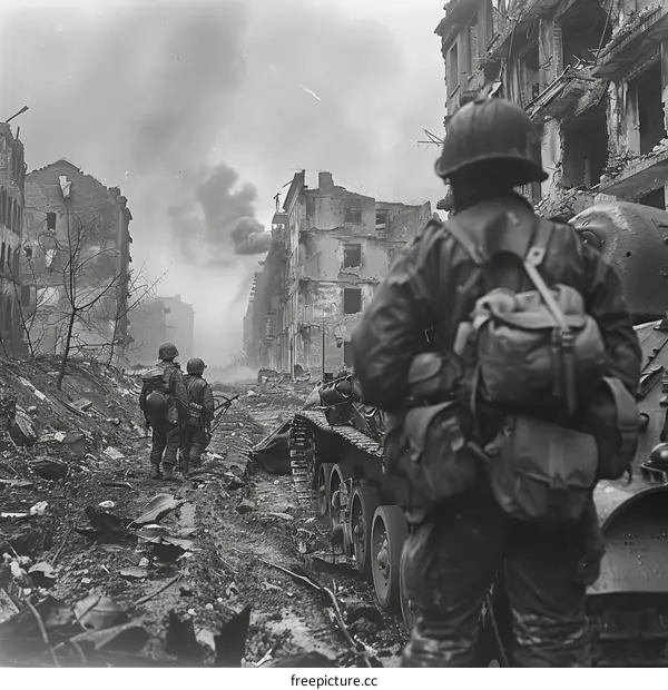 American soldiers advance through the ruins of Aachen, Germany, during World War II